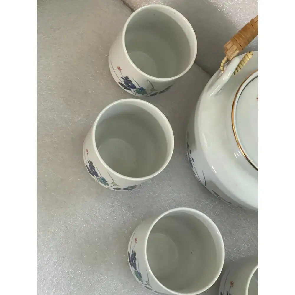 Vintage Japan Teapot with Bamboo Handle and 5 Tea Cups Blue Flowers